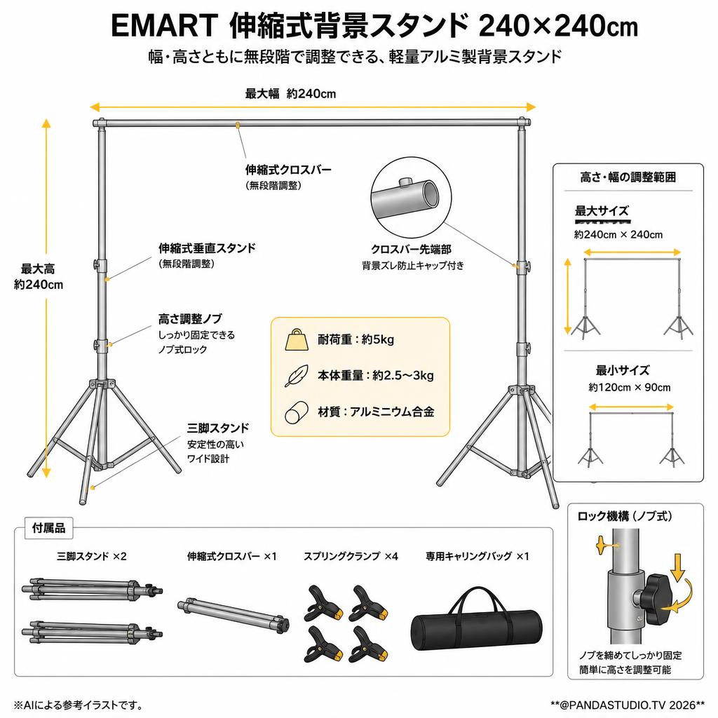 EMART  伸縮式背景スタンド 240×240cm スペック
