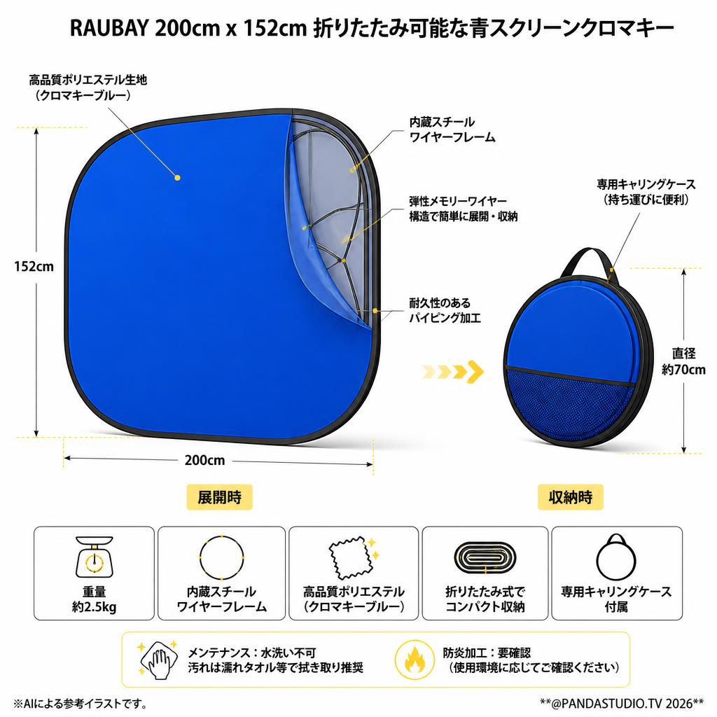 RAUBAY 200cm x 152cm 折りたたみ可能な青スクリーンクロマキー スペック