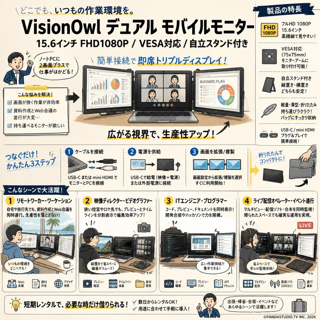 VisionOwl デュアル モバイルモニター 15.6インチ FHD1080P VESA対応