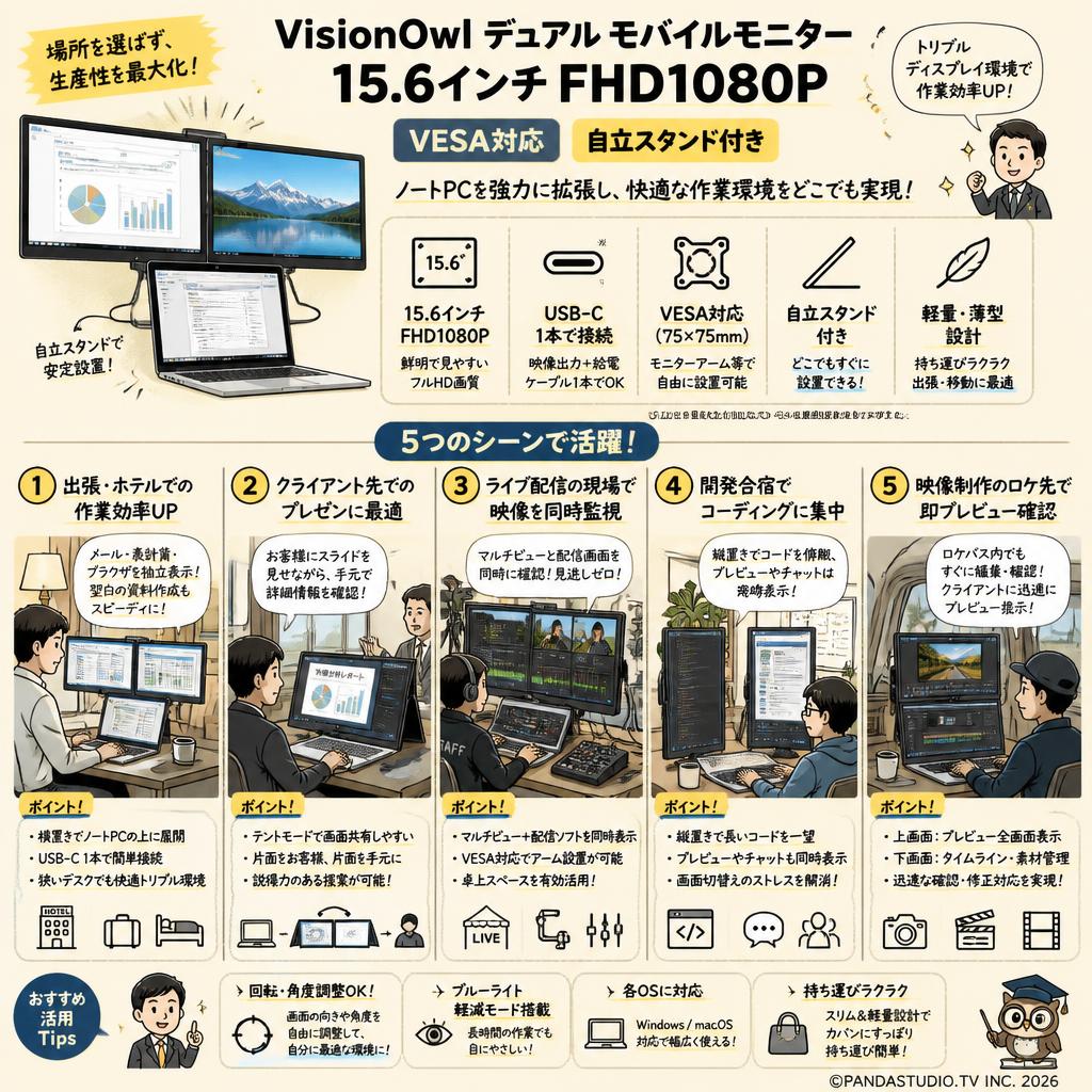 VisionOwl デュアル モバイルモニター 15.6インチ FHD1080P VESA対応
