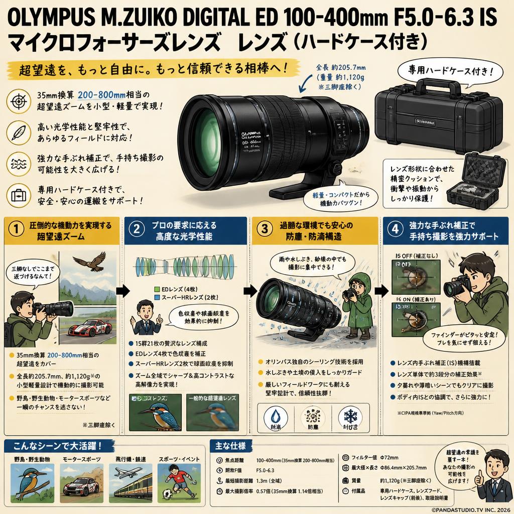 OLYMPUS M.ZUIKO DIGITAL ED 100-400mm F5.0-6.3 IS マイクロフォーサーズレンズ レンズ（ハードケース付き） 概要