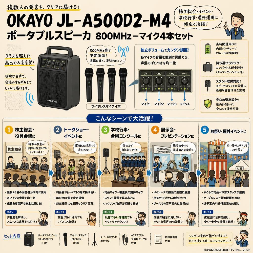OKAYO JL-A500D2-M4 ポータブルスピーカ 800MHzーマイク4本セット 用途