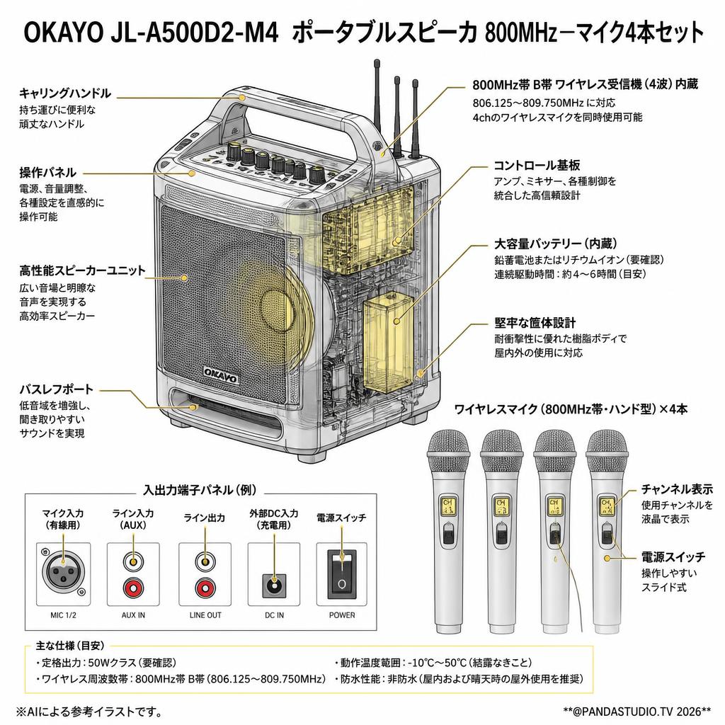 OKAYO JL-A500D2-M4 ポータブルスピーカ 800MHzーマイク4本セット スペック