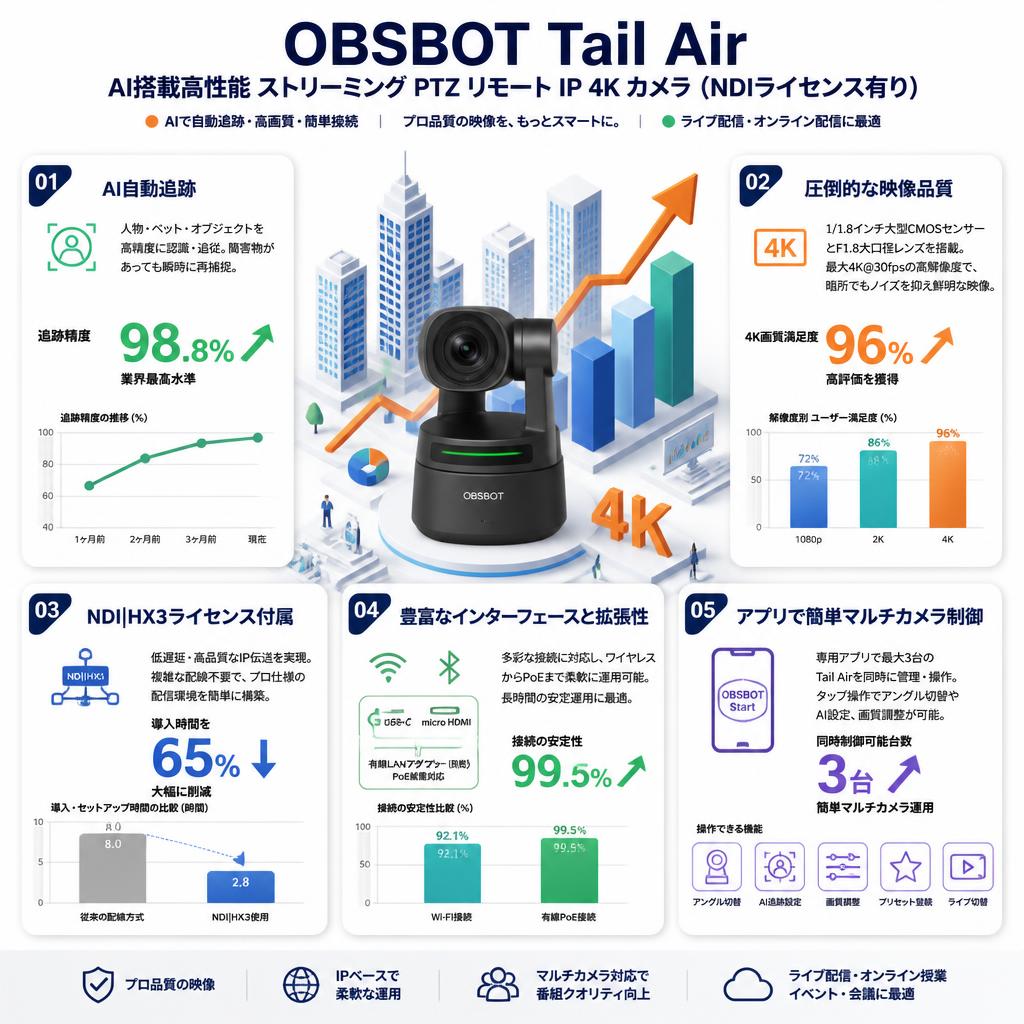 OBSBOT Tail Air AI搭載高性能 ストリーミング PTZ リモート IP 4K カメラ（NDIライセンス有り） セールスポイント