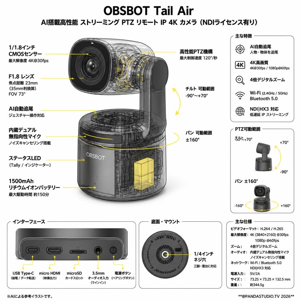 OBSBOT Tail Air AI搭載高性能 ストリーミング PTZ リモート IP 4K カメラ（NDIライセンス有り） スペック