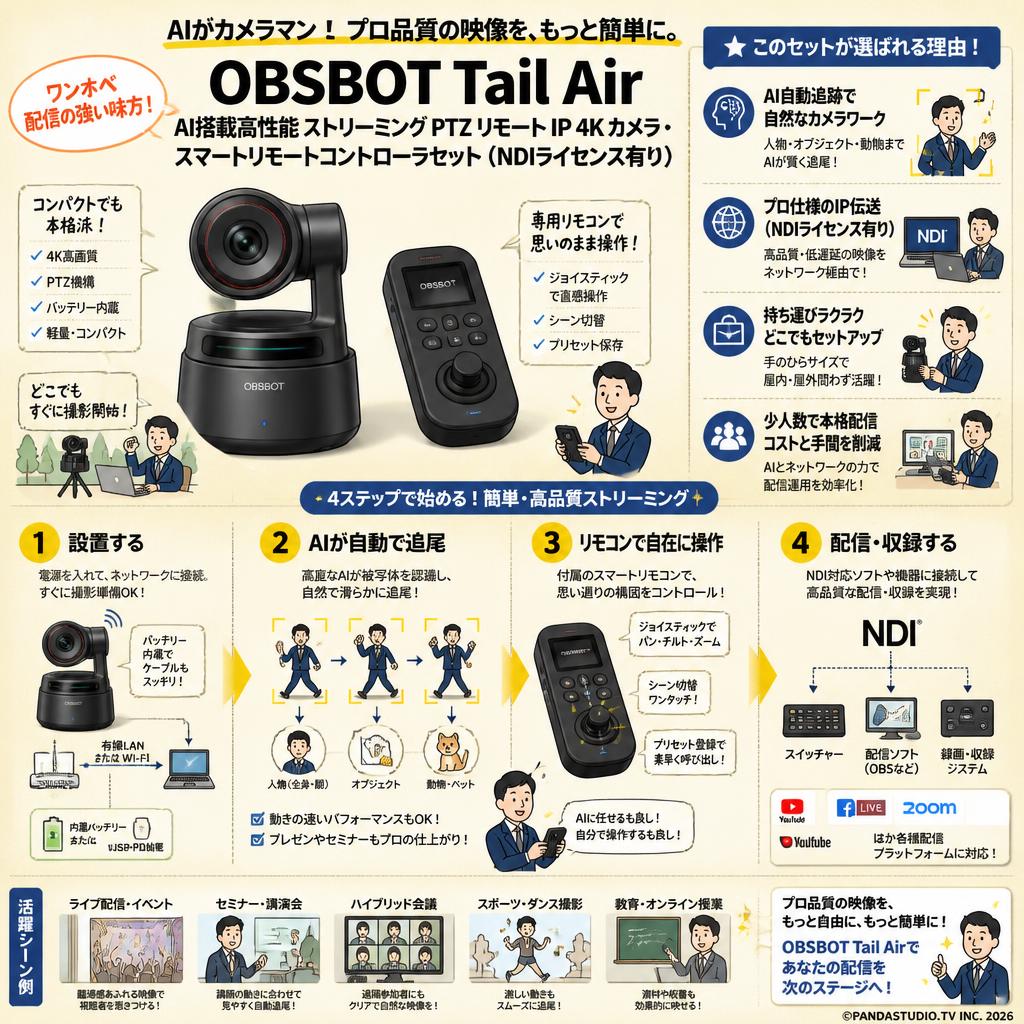 OBSBOT Tail Air AI搭載高性能 ストリーミング PTZ リモート IP 4K カメラ・スマートリモートコントローラセット（NDIライセンス有り） 概要