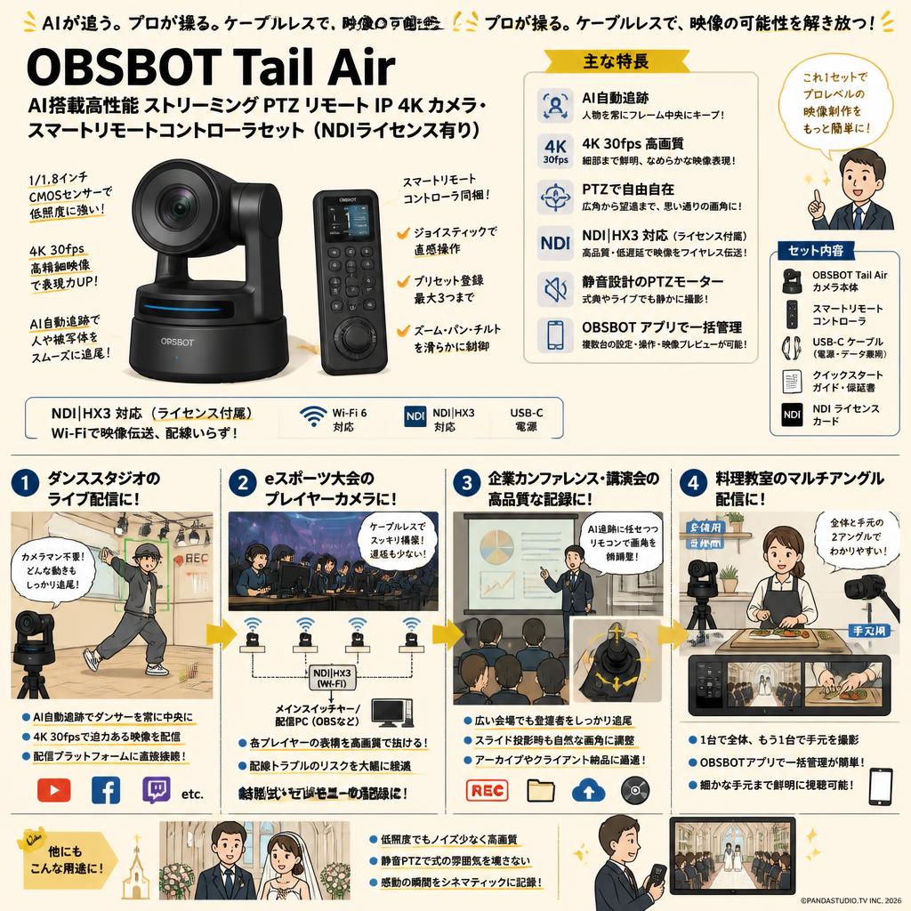 OBSBOT Tail Air AI搭載高性能 ストリーミング PTZ リモート IP 4K カメラ・スマートリモートコントローラセット（NDIライセンス有り） 用途