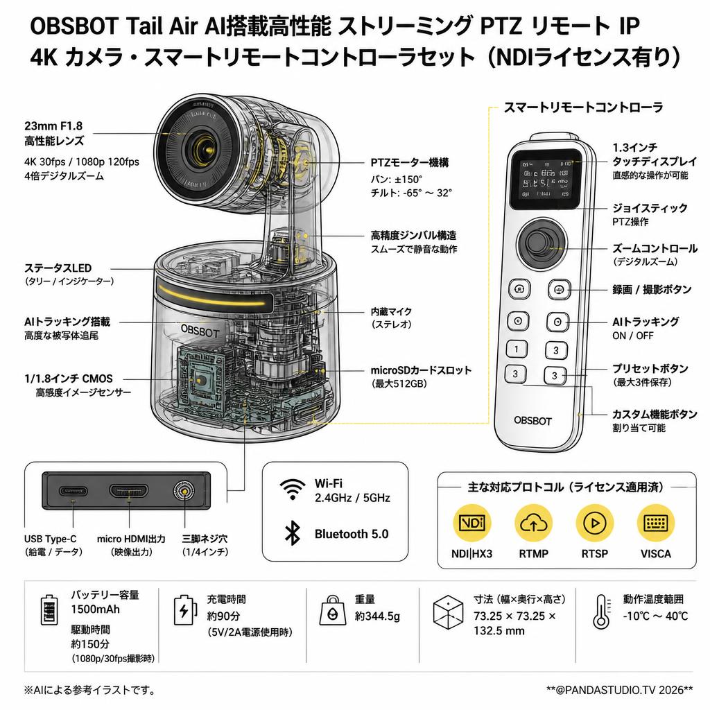 OBSBOT Tail Air AI搭載高性能 ストリーミング PTZ リモート IP 4K カメラ・スマートリモートコントローラセット（NDIライセンス有り） スペック