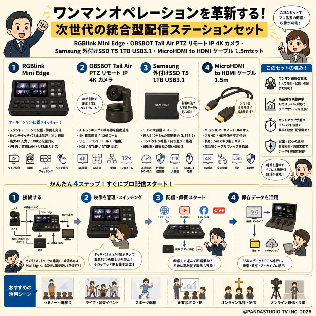 RGBlink Mini Edge・OBSBOT Tail Air  PTZ リモート IP 4K カメラ・Samsung 外付けSSD T5 1TB USB3.1 ・MicroHDMI to HDMI ケーブル1.5mセット 概要