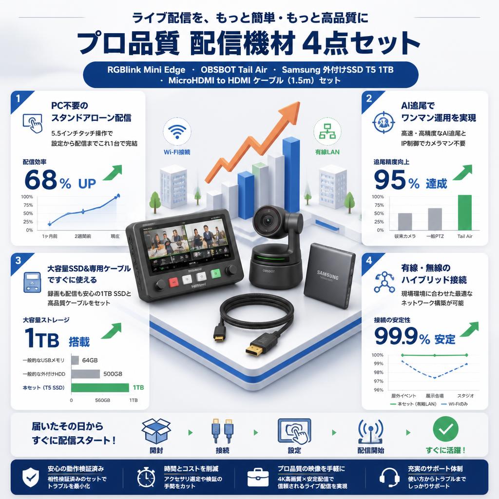 RGBlink Mini Edge・OBSBOT Tail Air  PTZ リモート IP 4K カメラ・Samsung 外付けSSD T5 1TB USB3.1 ・MicroHDMI to HDMI ケーブル1.5mセット セールスポイント