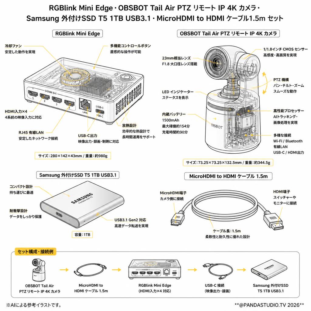 RGBlink Mini Edge・OBSBOT Tail Air  PTZ リモート IP 4K カメラ・Samsung 外付けSSD T5 1TB USB3.1 ・MicroHDMI to HDMI ケーブル1.5mセット スペック
