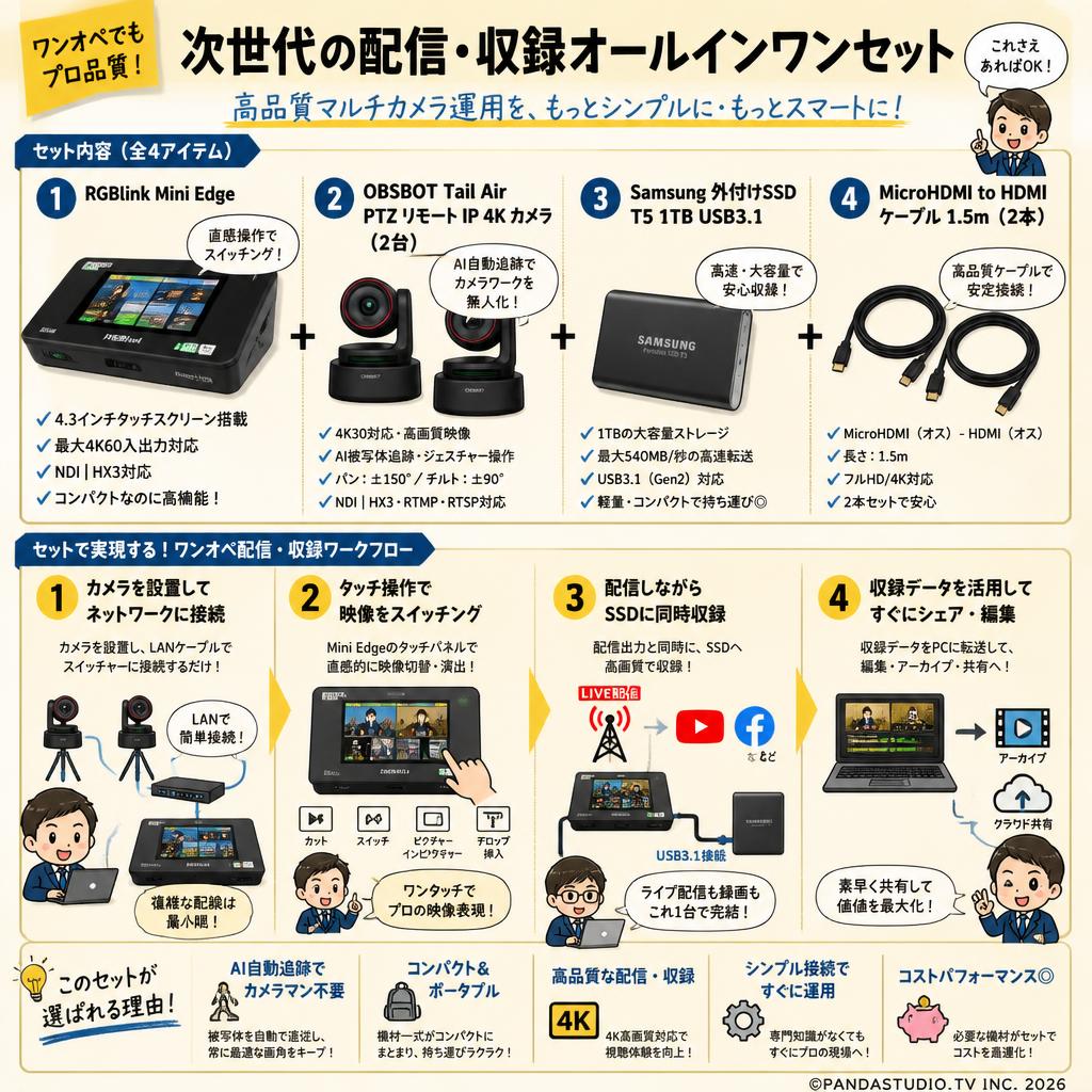 RGBlink Mini Edge・OBSBOT Tail Air PTZ リモート IP 4K カメラ（2台）・Samsung 外付けSSD T5 1TB USB3.1・MicroHDMI to HDMI ケーブル1.5m（2本）セット 概要