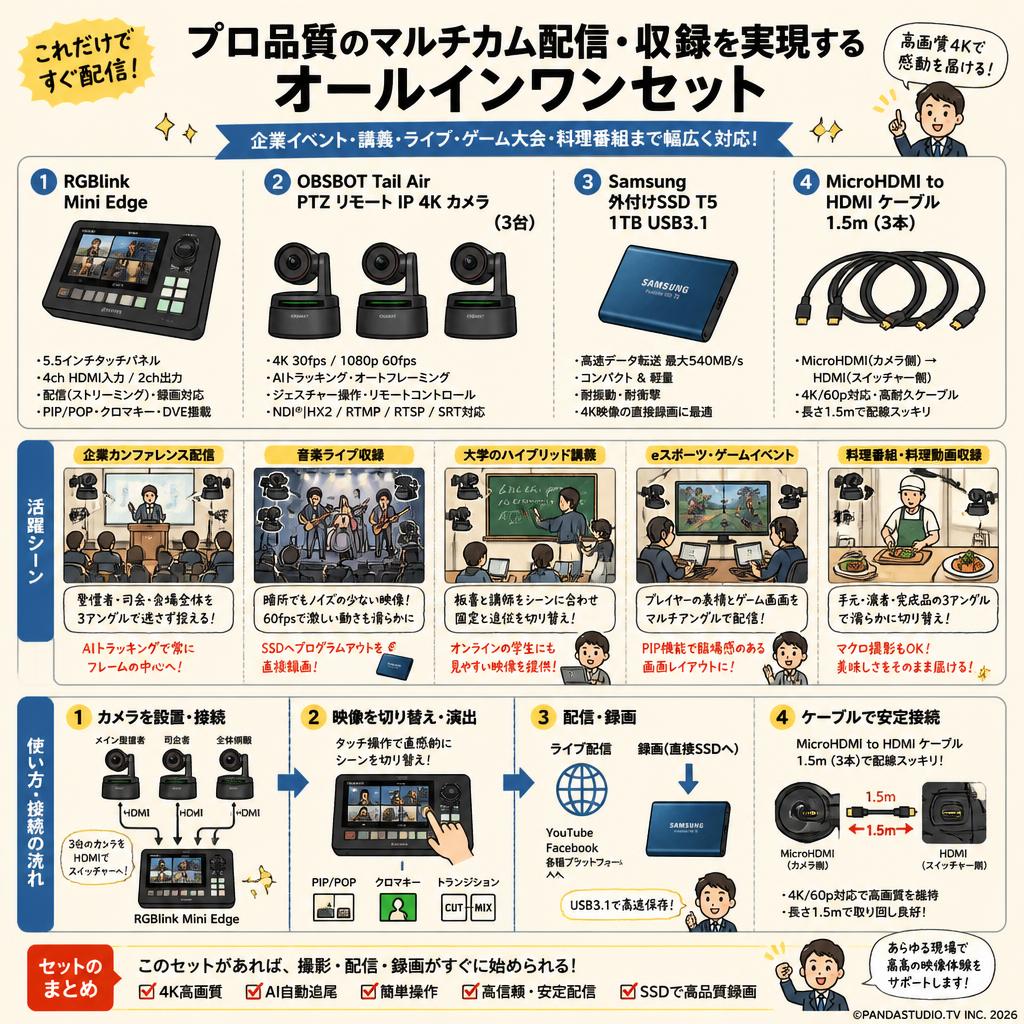 RGBlink Mini Edge・OBSBOT Tail Air PTZ リモート IP 4K カメラ（3台）・Samsung 外付けSSD T5 1TB USB3.1・MicroHDMI to HDMI ケーブル1.5m（3本）セット 用途