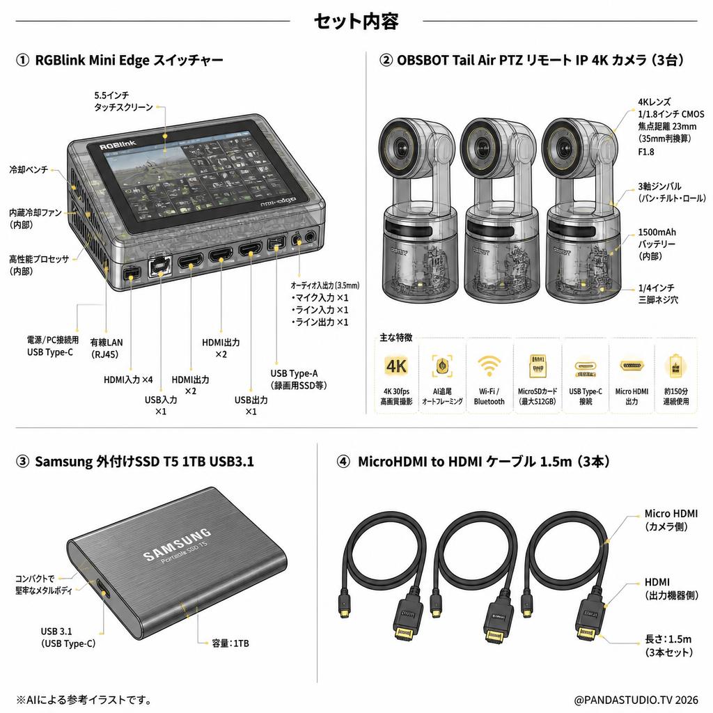 RGBlink Mini Edge・OBSBOT Tail Air PTZ リモート IP 4K カメラ（3台）・Samsung 外付けSSD T5 1TB USB3.1・MicroHDMI to HDMI ケーブル1.5m（3本）セット スペック