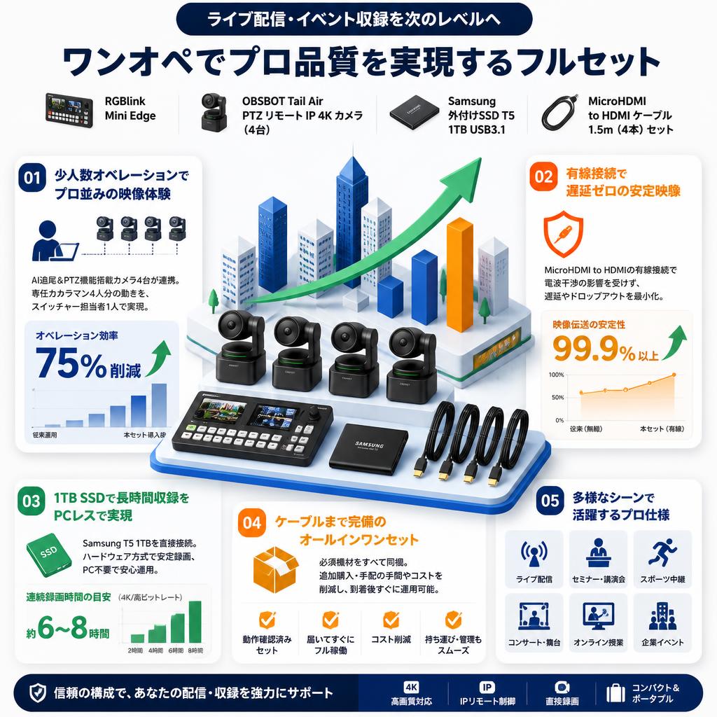 RGBlink Mini Edge・OBSBOT Tail Air PTZ リモート IP 4K カメラ（4台）・Samsung 外付けSSD T5 1TB USB3.1・MicroHDMI to HDMI ケーブル1.5m（4本）セット セールスポイント