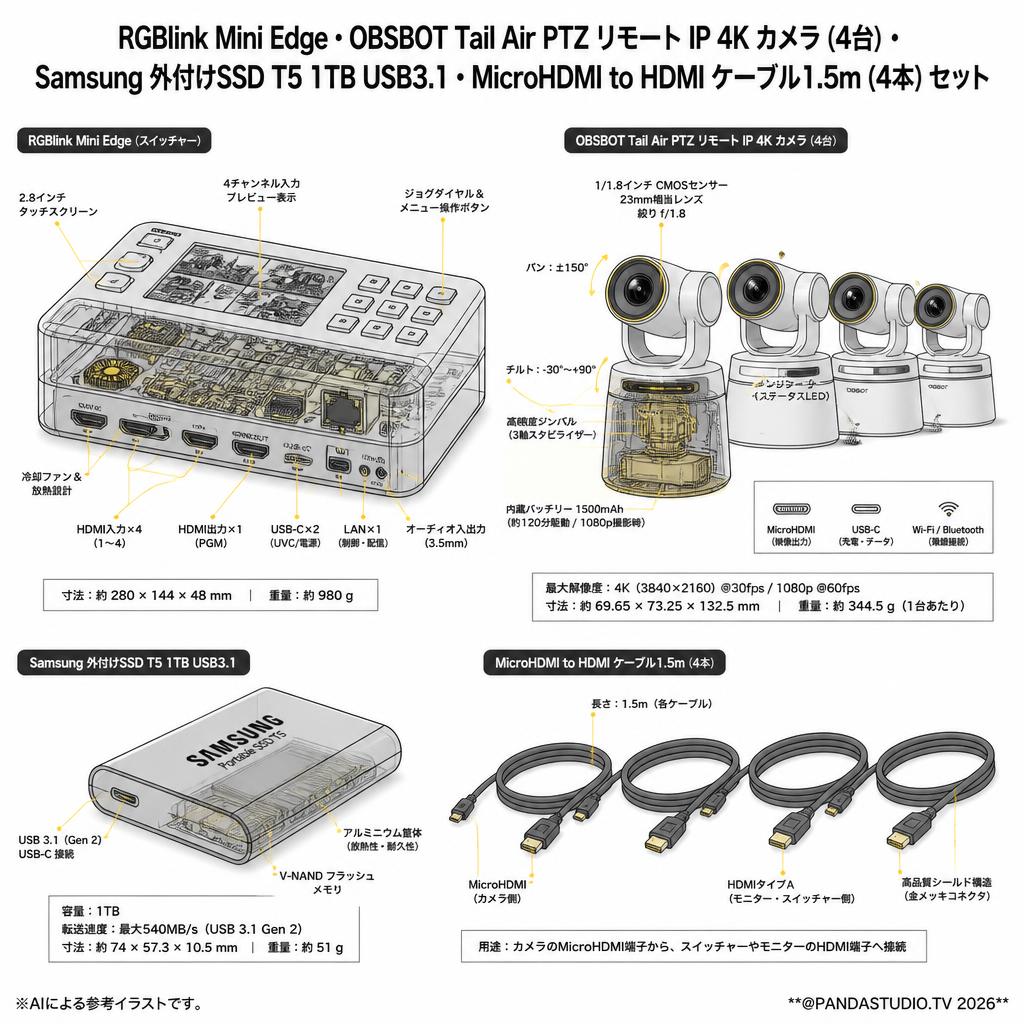 RGBlink Mini Edge・OBSBOT Tail Air PTZ リモート IP 4K カメラ（4台）・Samsung 外付けSSD T5 1TB USB3.1・MicroHDMI to HDMI ケーブル1.5m（4本）セット スペック