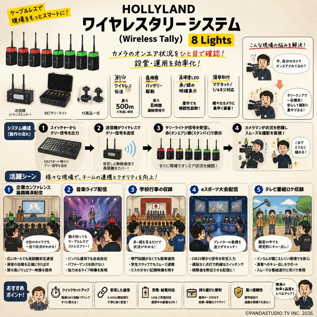 Hollyland ワイヤレスタリーシステム（Wireless Tally）8 Lights 用途