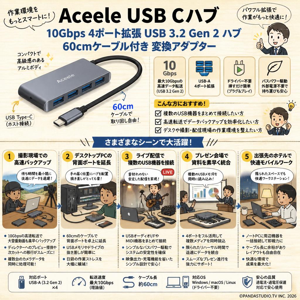 Aceele USB Cハブ 10Gbps 4ポート拡張 USB 3.2 Gen 2 ハブ60cmケーブル付き 変換アダプター 用途