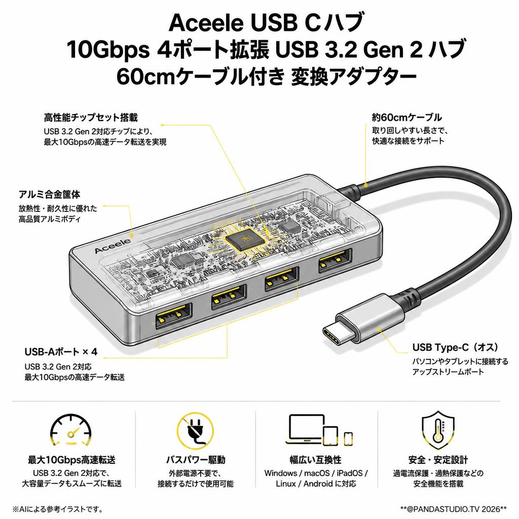 Aceele USB Cハブ 10Gbps 4ポート拡張 USB 3.2 Gen 2 ハブ60cmケーブル付き 変換アダプター スペック