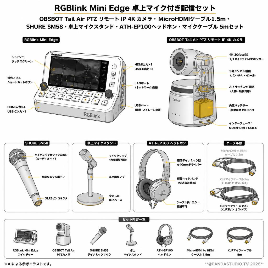 RGBlink Mini Edge 卓上マイク付き配信セット OBSBOT Tail Air  PTZ リモート IP 4K カメラ・MicroHDMIケーブル1.5m・SHURE SM58・卓上マイクスタンド ・ATH-EP100ヘッドホン・マイクケーブル 5mセット スペック