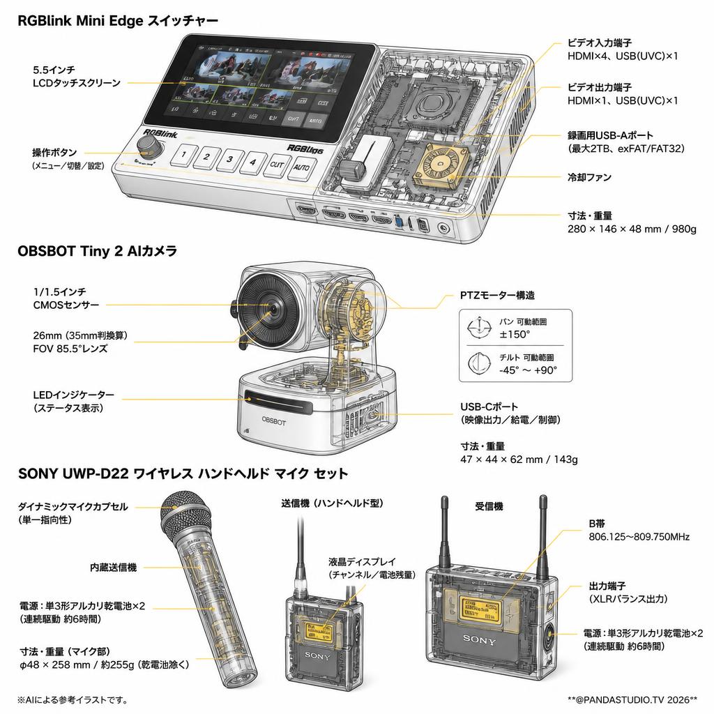 RGBlink Mini Edge ・OBSBOT Tiny 2 ・SONY UWP-D22 ワイヤレス ハンドヘルド マイク セット スペック