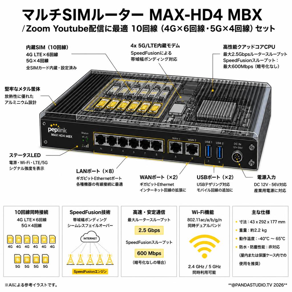 マルチSIMルーター MAX-HD4 MBX／Zoom Youtube配信に最適 10回線 （4G×6回線 ・5G×4回線）セット スペック