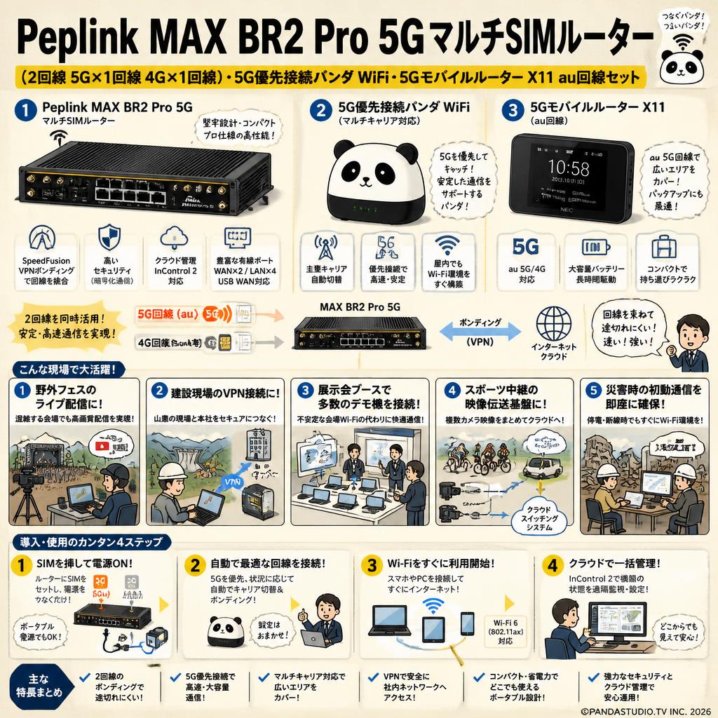 Peplink MAX BR2 Pro 5GマルチSIMルーター（2回線 5G×1回線 4G×1回線）・5G優先接続パンダ WiFi ・5G モバイルルーター X11 au回線セット 用途