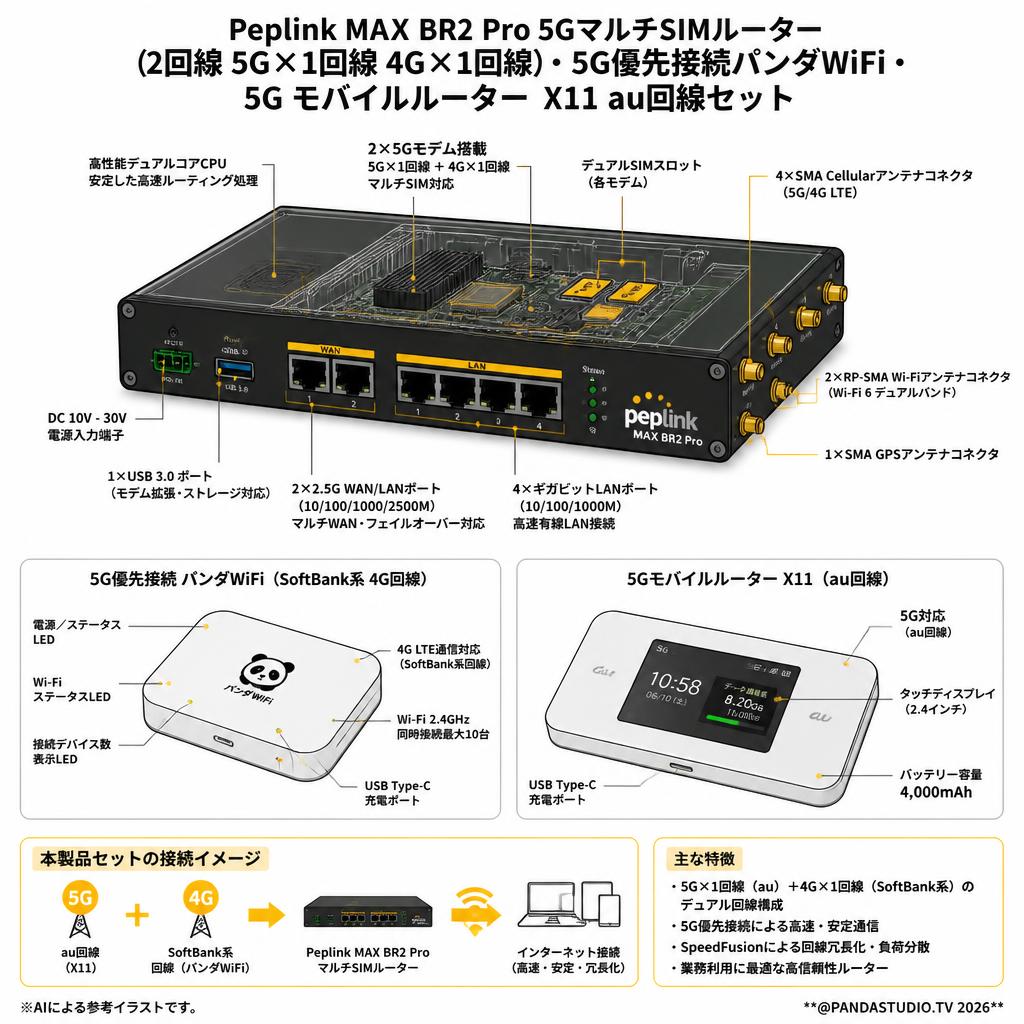 Peplink MAX BR2 Pro 5GマルチSIMルーター（2回線 5G×1回線 4G×1回線）・5G優先接続パンダ WiFi ・5G モバイルルーター X11 au回線セット スペック