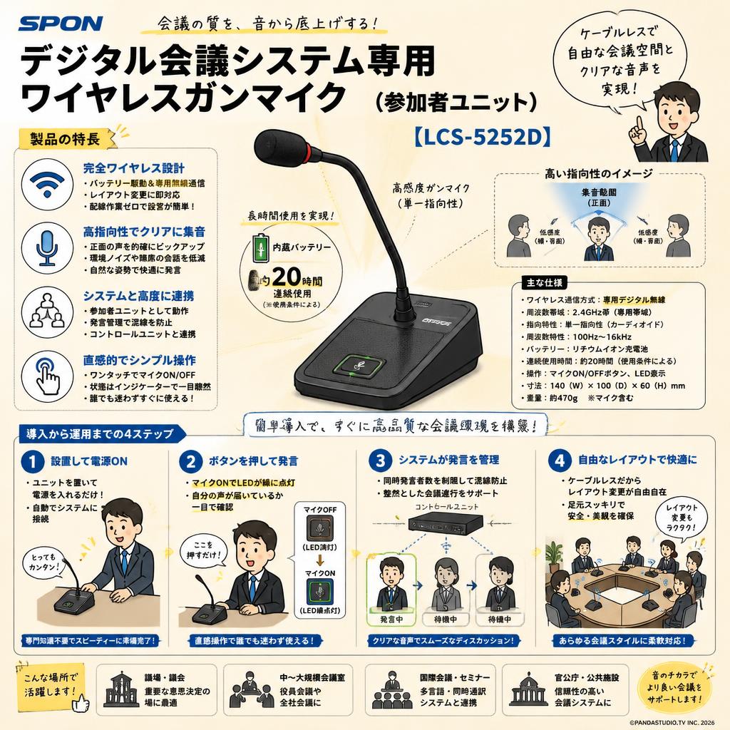 SPON デジタル会議システム専用ワイヤレスガンマイク（参加者ユニット）【LCS-5252D】 概要