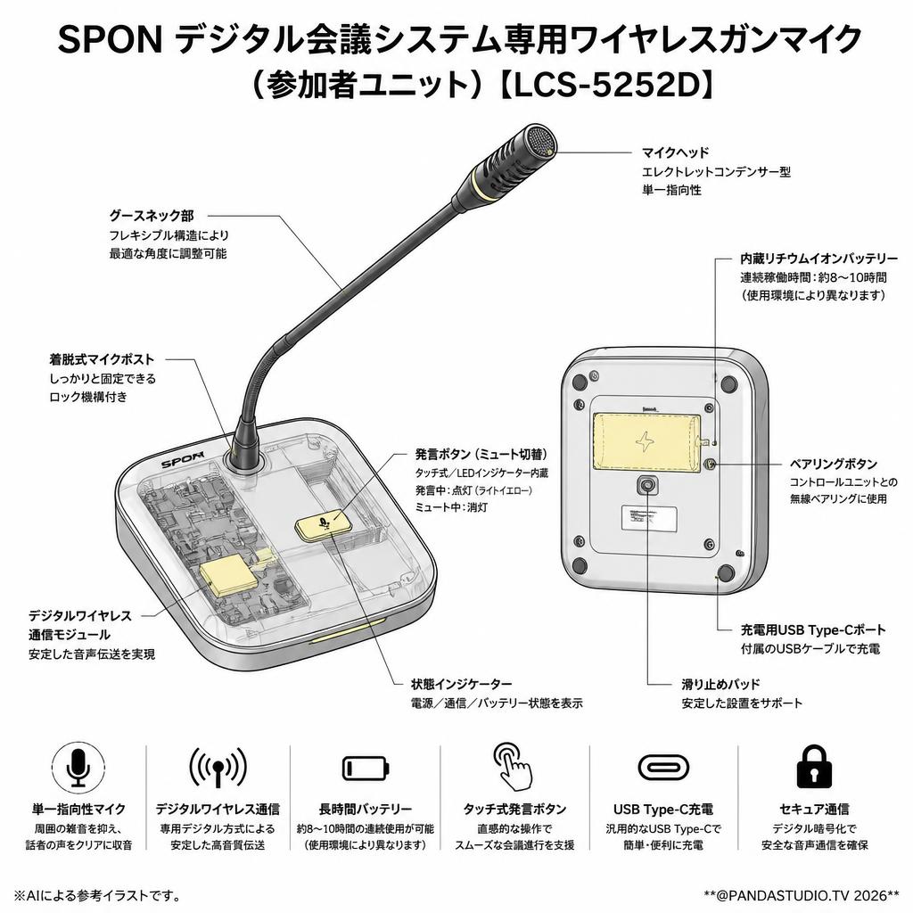 SPON デジタル会議システム専用ワイヤレスガンマイク（参加者ユニット）【LCS-5252D】 スペック