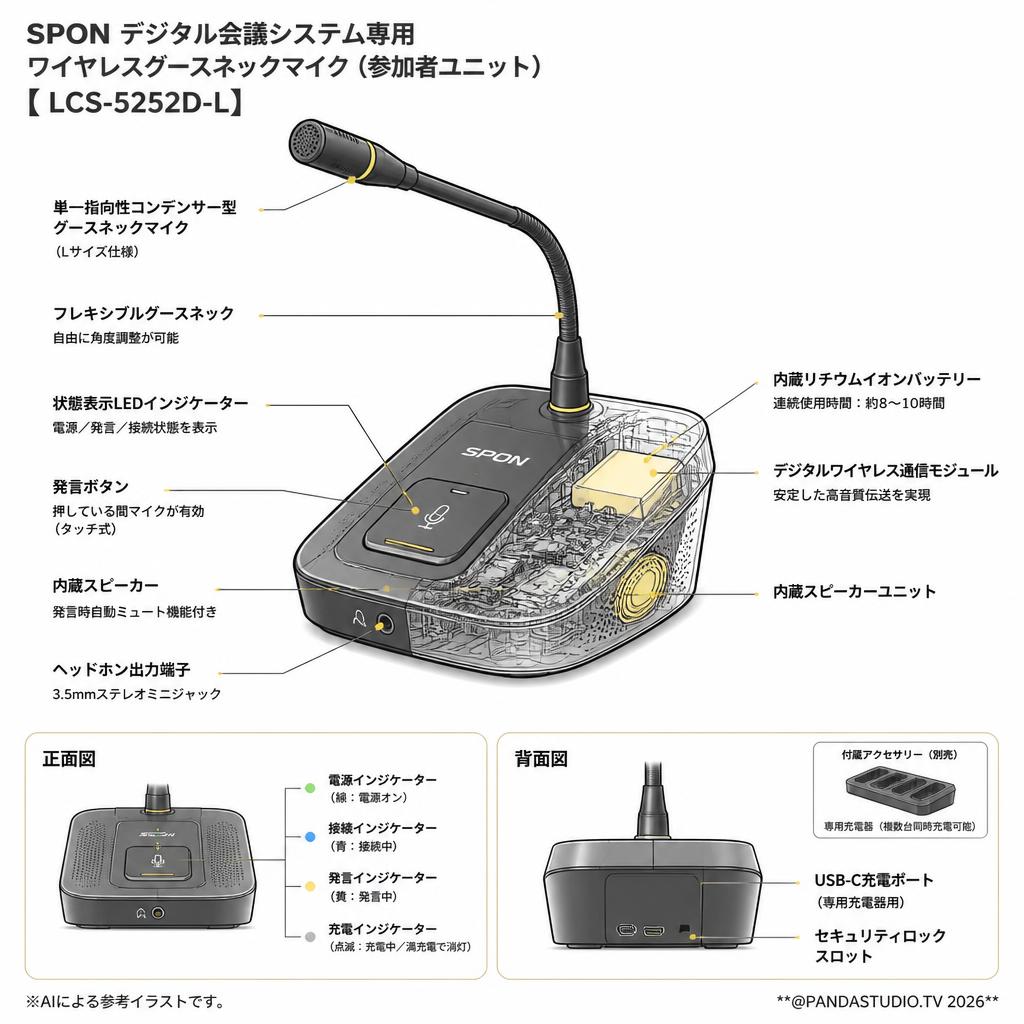 SPON デジタル会議システム専用ワイヤレスグースネックマイク（参加者ユニット）【 LCS-5252D-L】 スペック