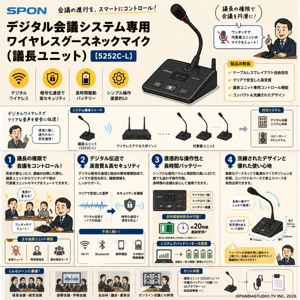 SPON デジタル会議システム専用ワイヤレスグースネックマイク（議長ユニット）【5252C-L】 概要