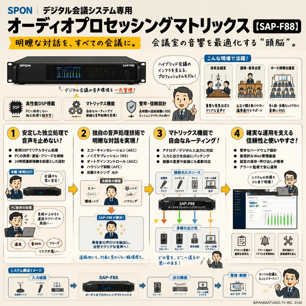 SPON デジタル会議システム専用オーディオプロセッシングマトリックス【SAP-F88】 概要