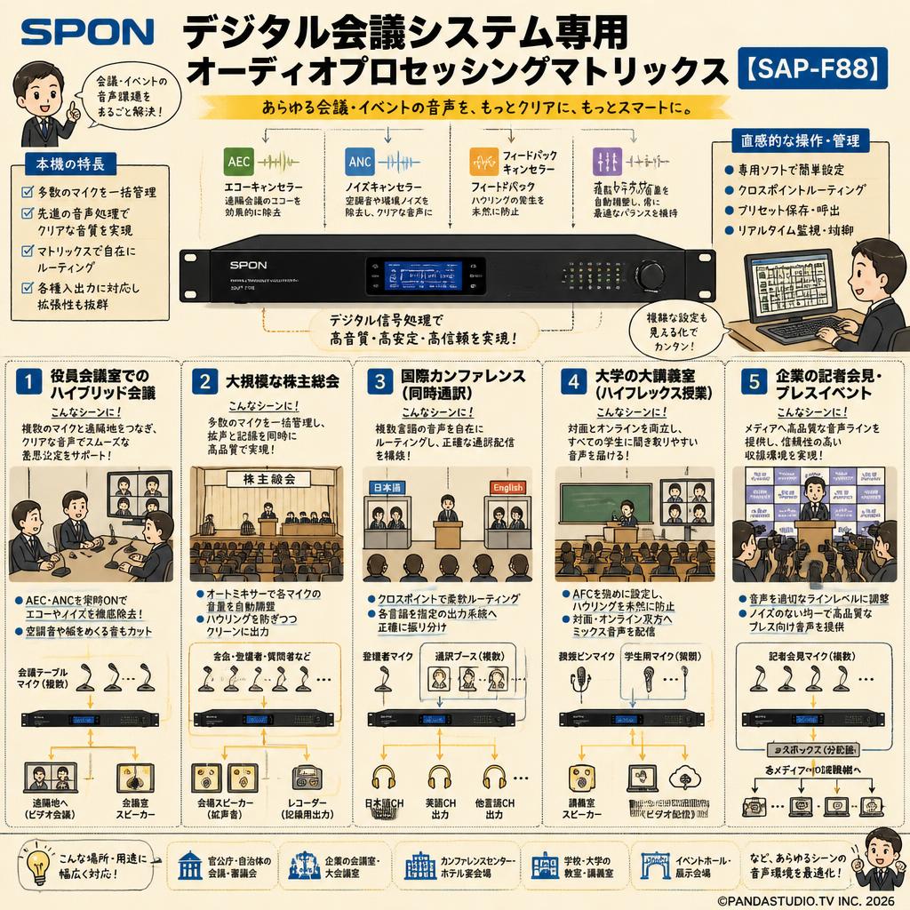 SPON デジタル会議システム専用オーディオプロセッシングマトリックス【SAP-F88】 用途