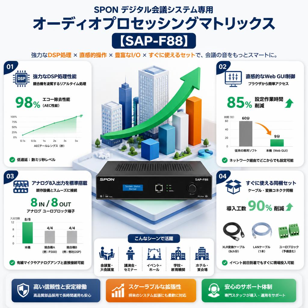 SPON デジタル会議システム専用オーディオプロセッシングマトリックス【SAP-F88】 セールスポイント