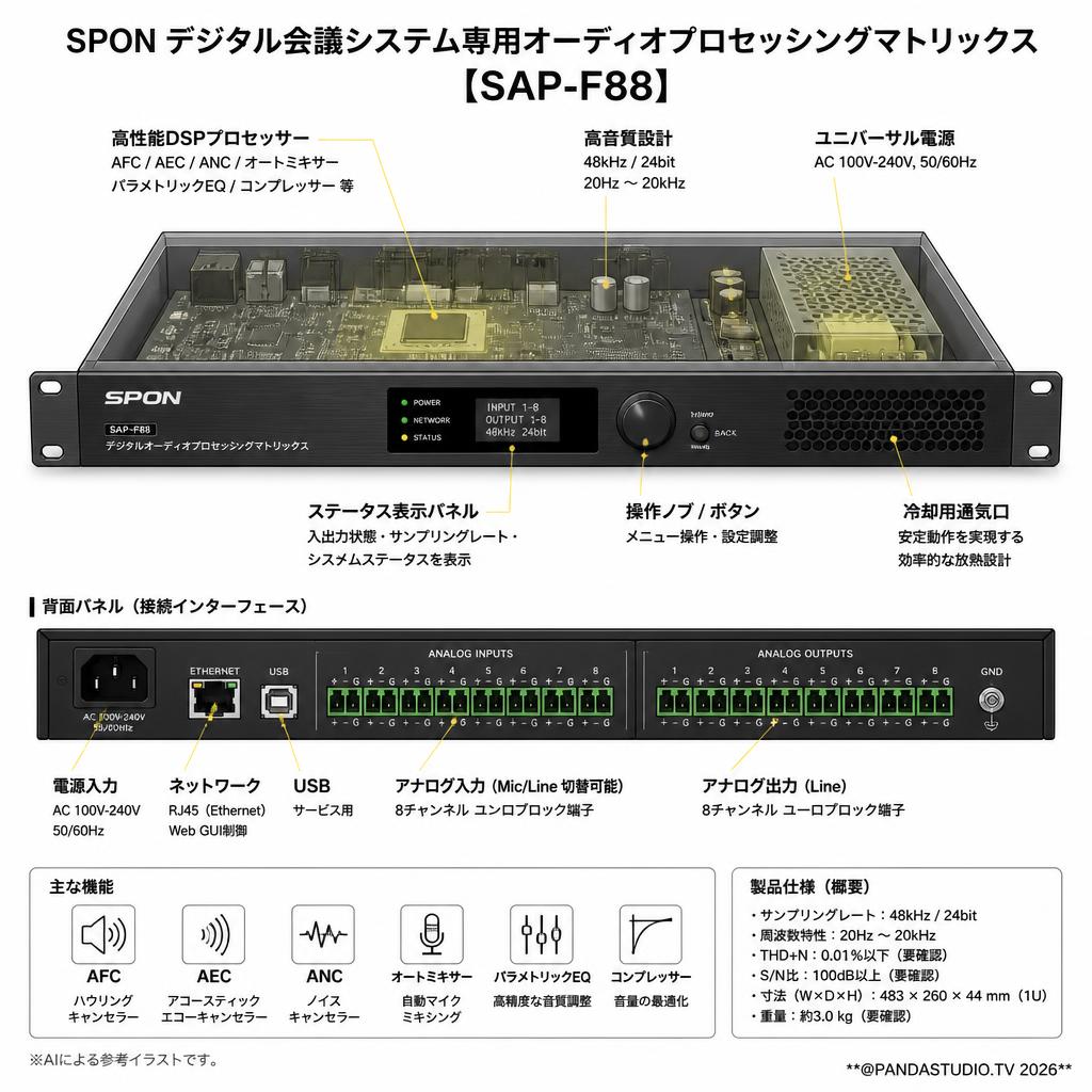 SPON デジタル会議システム専用オーディオプロセッシングマトリックス【SAP-F88】 スペック