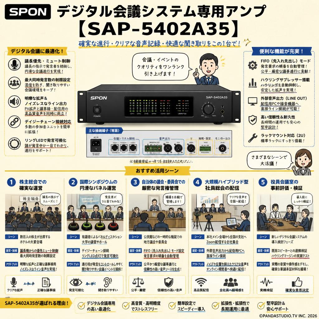 SPON デジタル会議システム専用アンプ【 SAP-5402A35】 用途