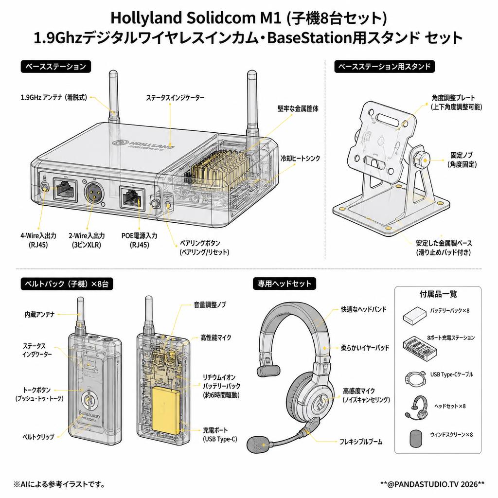 Hollyland Solidcom M1 (子機8台セット) 1.9Ghzデジタルワイヤレスインカム・BaseStation用スタンド セット スペック