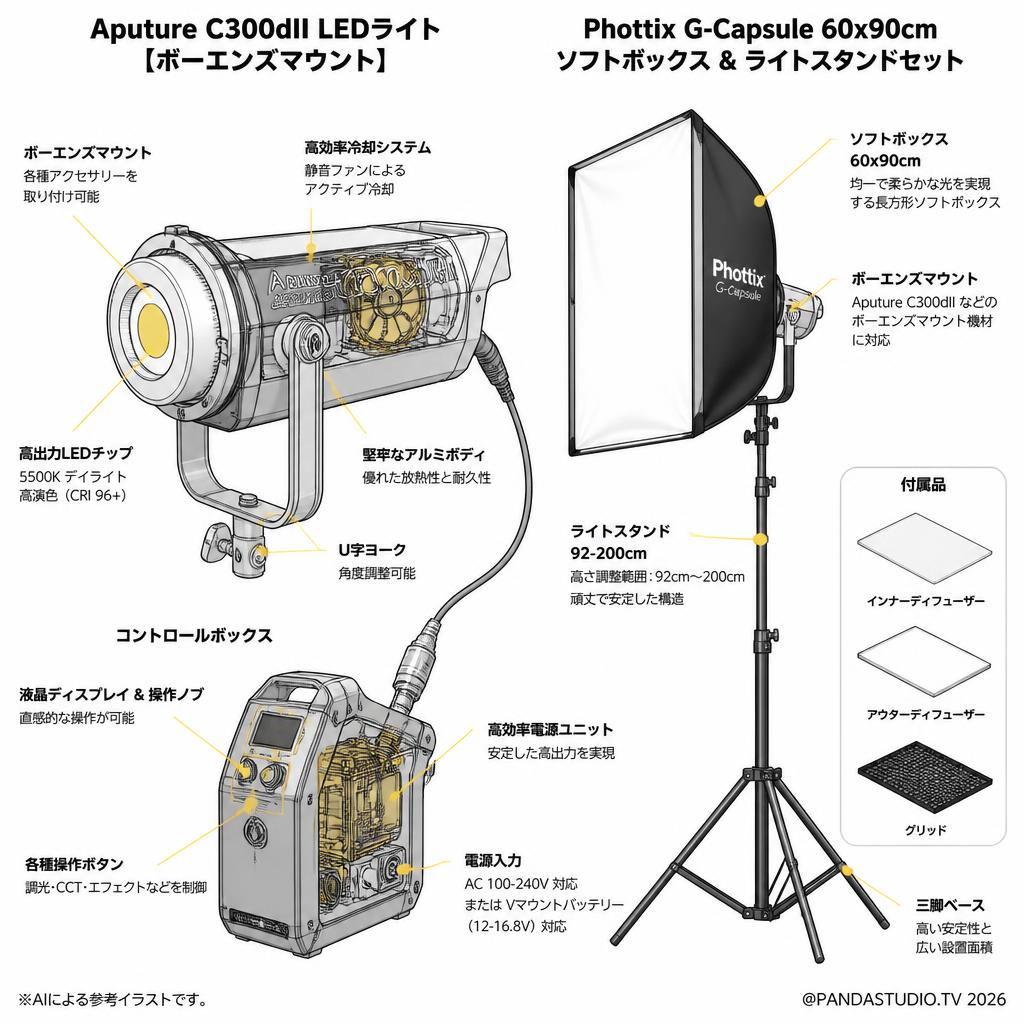 Aputure C300dII LEDライト[ボーエンズマウント] ・Phottix G-Capsule 60x90cm ソフトボックスライトスタンド 92-200cmセット スペック