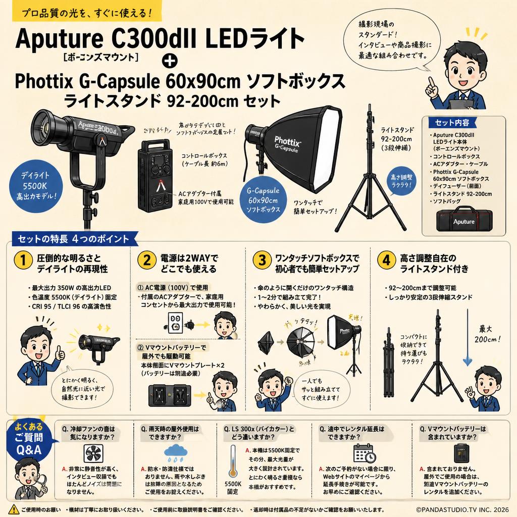 Aputure C300dII LEDライト[ボーエンズマウント] ・Phottix G-Capsule 60x90cm ソフトボックスライトスタンド 92-200cmセット FAQ（よくある質問と答え）