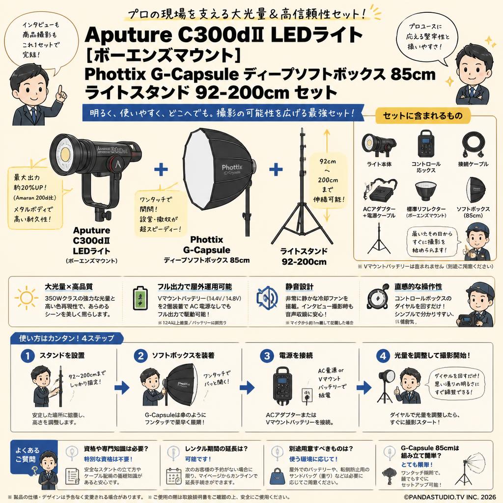 Aputure C300dII LEDライト[ボーエンズマウント]・Phottix G-Capsule ディープソフトボックス 85cmライトスタンド 92-200cmセット FAQ（よくある質問と答え）