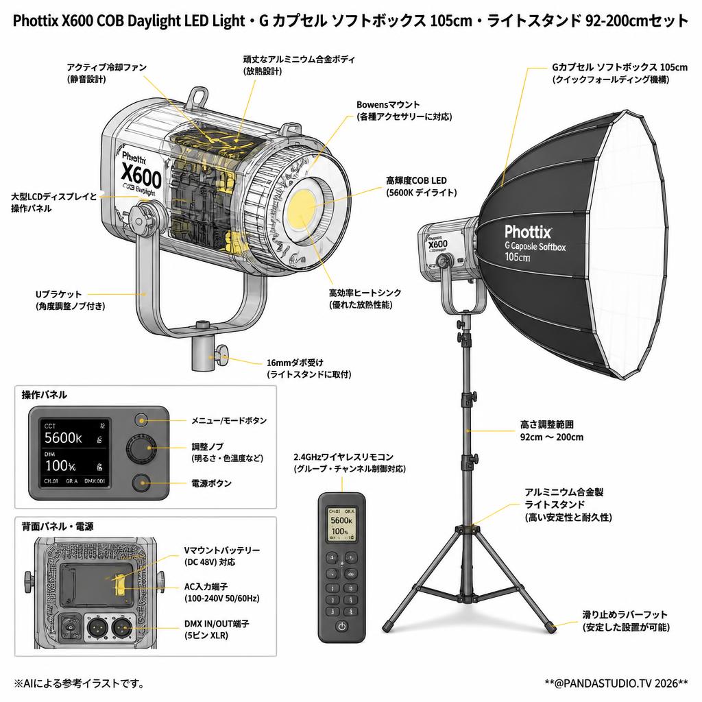 Phottix X600 COB Daylight LED Light・G カプセル ソフトボックス 105cm・ライトスタンド 92-200cmセット スペック