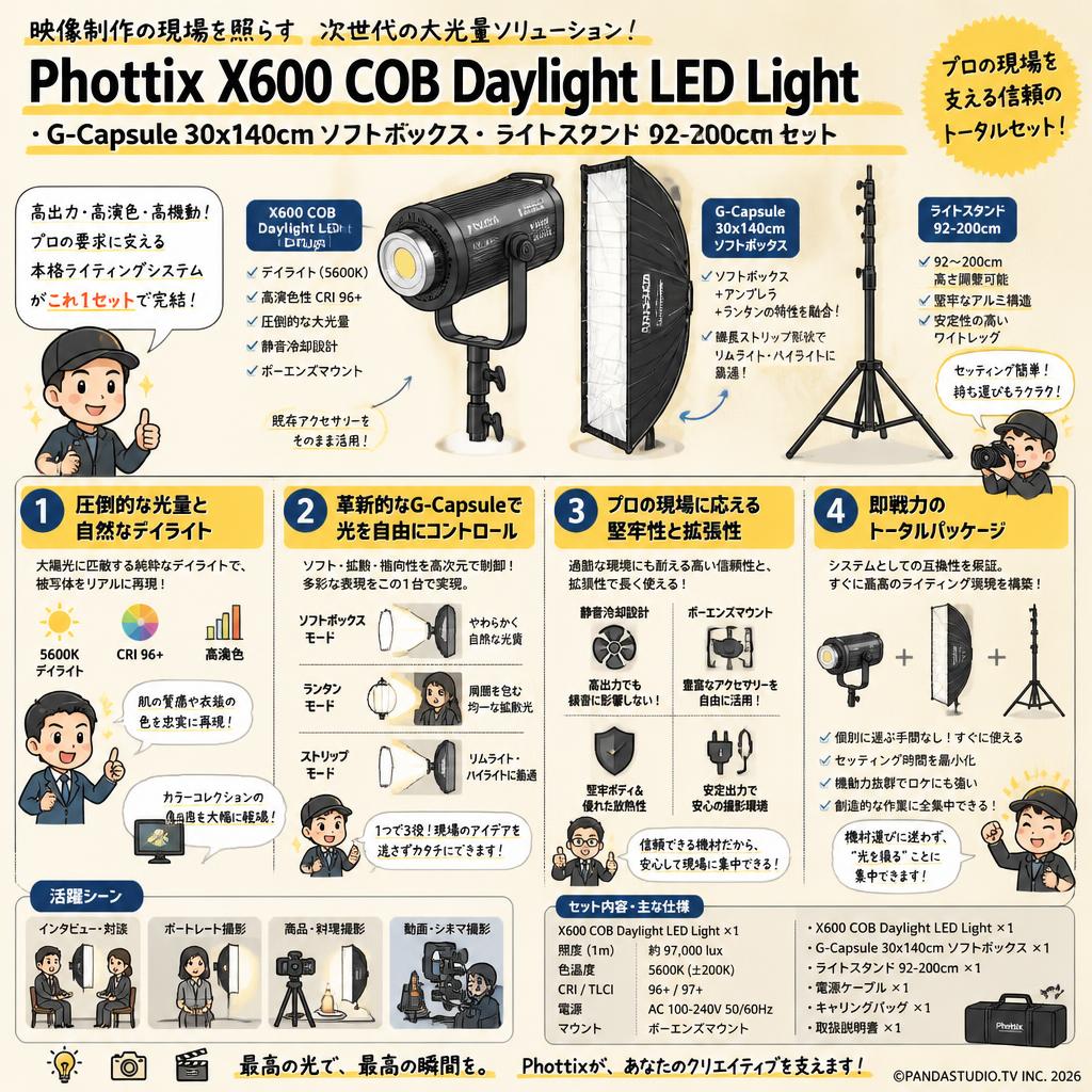 Phottix X600 COB Daylight LED Light・G-Capsule 30x140cm ソフトボックス・ライトスタンド 92-200cm セット 概要
