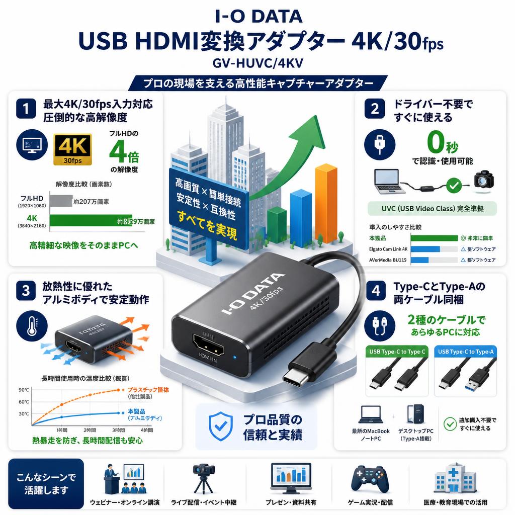 【I-O・DATA 】USB HDMI変換アダプター4K/30fps  GV-HUVC/4KV セールスポイント