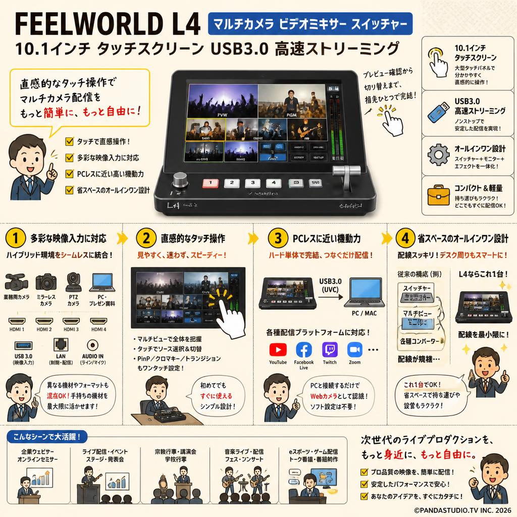 FEELWORLD L4 マルチカメラ ビデオミキサー スイッチャー 10.1インチ タッチスクリーン USB3.0 高速ストリーミング 概要