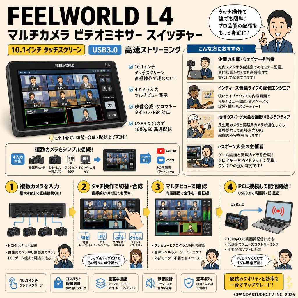 FEELWORLD L4 マルチカメラ ビデオミキサー スイッチャー 10.1インチ タッチスクリーン USB3.0 高速ストリーミング おもな対象のお客様