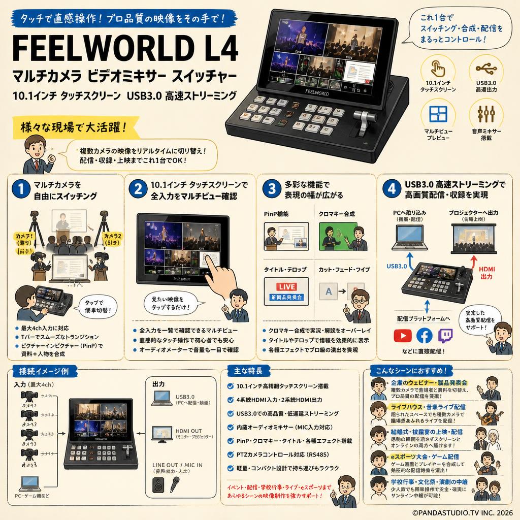 FEELWORLD L4 マルチカメラ ビデオミキサー スイッチャー 10.1インチ タッチスクリーン USB3.0 高速ストリーミング 用途