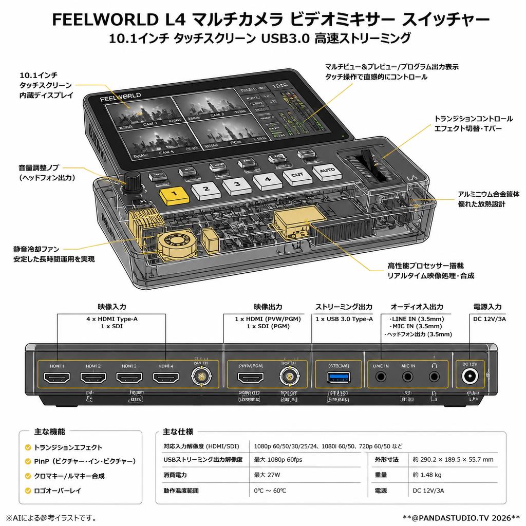 FEELWORLD L4 マルチカメラ ビデオミキサー スイッチャー 10.1インチ タッチスクリーン USB3.0 高速ストリーミング スペック