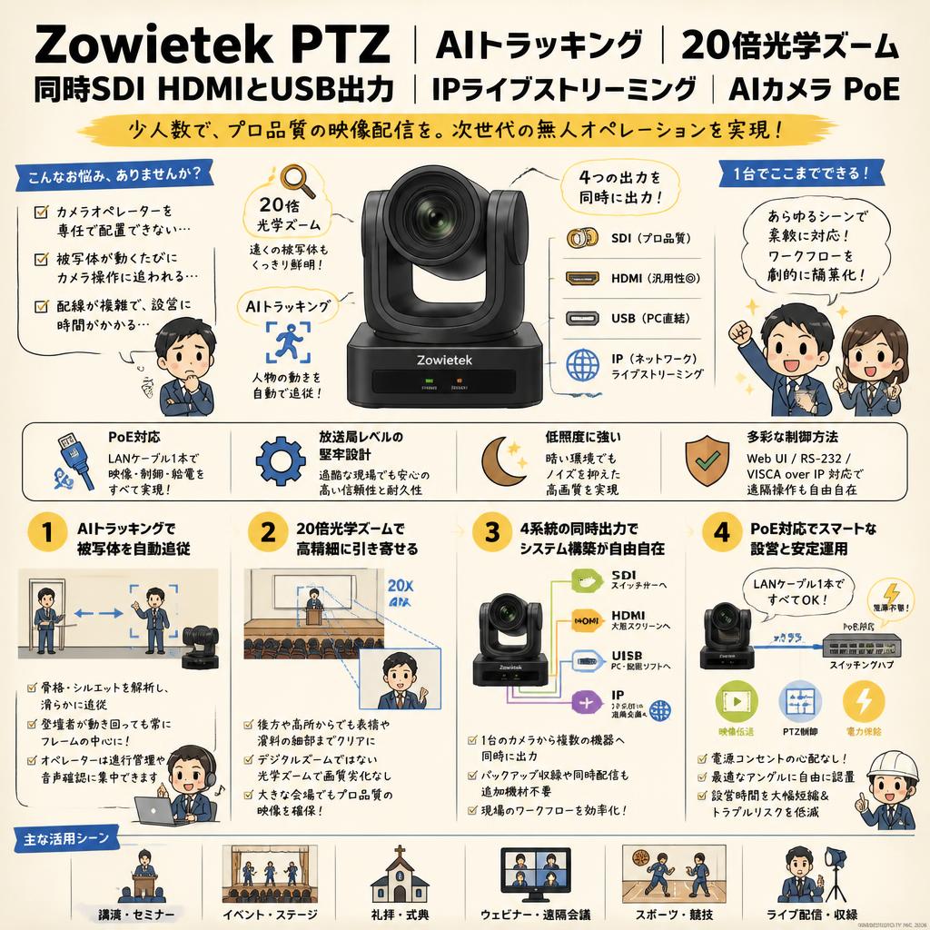 Zowietek PTZ｜AIトラッキング｜| 20倍光学ズーム | 同時SDI HDMIとUSB出力 | IPライブストリーミング  AIカメラ PoE 概要