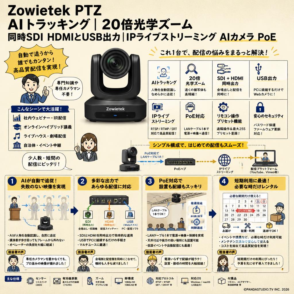 Zowietek PTZ｜AIトラッキング｜| 20倍光学ズーム | 同時SDI HDMIとUSB出力 | IPライブストリーミング  AIカメラ PoE おもな対象のお客様